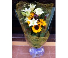 F29 SUNFLOWER WITH WHITE LILIES BOUQUET